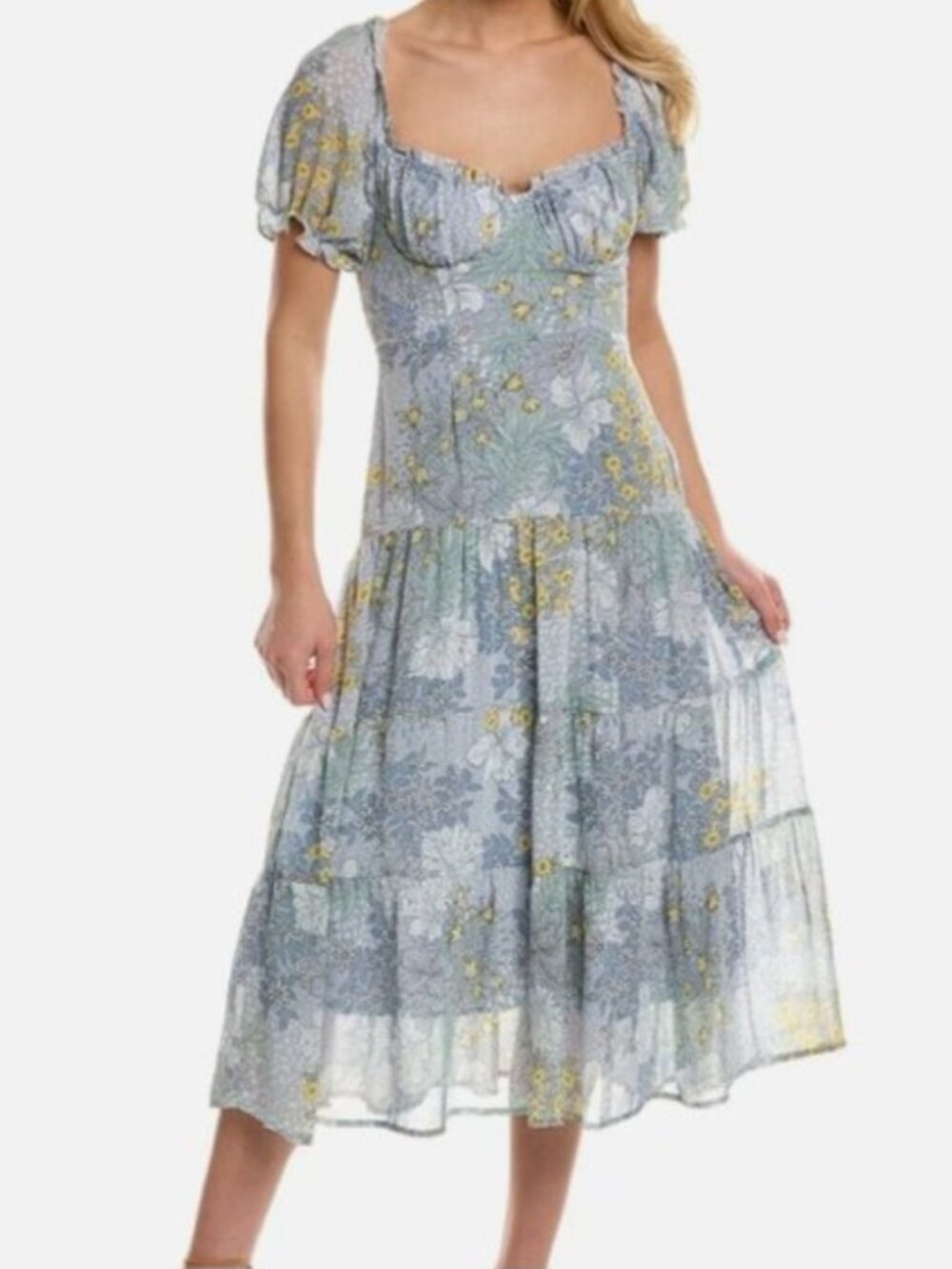 ASTR The Label Soho Chiffon Puff Sleeve Sweetheart Midi Dress Blue floral large